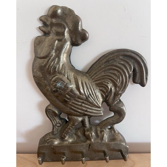 Vintage Brass Rooster Wall Mount Hooks Farmhouse Rustic Kitchen Chicken Décor - Picture 1 of 7